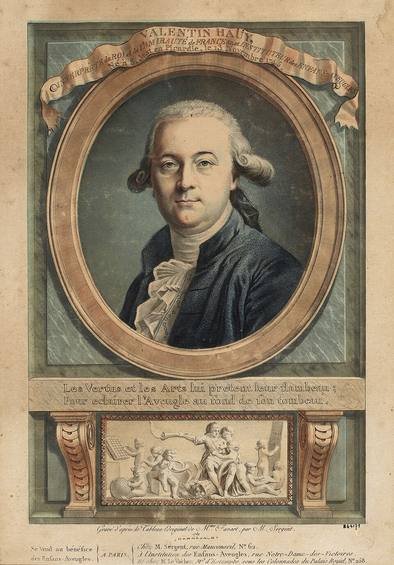 Engraved portrait of Valentin Haüy in an oval frame, wearing a powdered wig and a blue coat, with a caption banner above