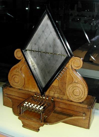 Wooden Cooke and Wheatstone telegraph with a diamond-shaped dial of letters, a row of five needles across the middle and push buttons at the front