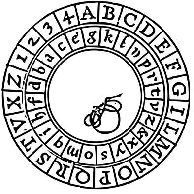 Black-and-white drawing of Alberti cipher disk: an outer ring of capital letters and numbers 1 to 4, and an inner ring of lowercase letters that turns