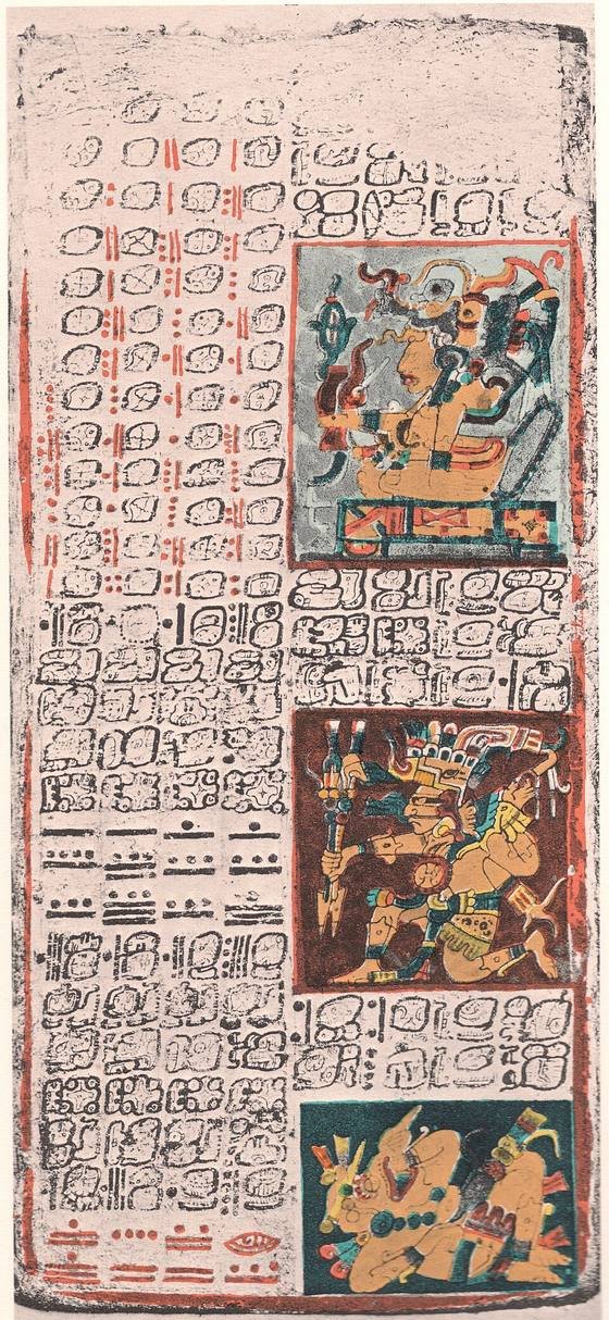 A page of a Maya book with columns of rounded hieroglyphs, red and black number dots and bars, and three painted figures
