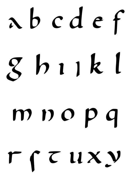 Chart of half-uncial letters a to y in black, with rounded shapes, tall ascenders and long descenders