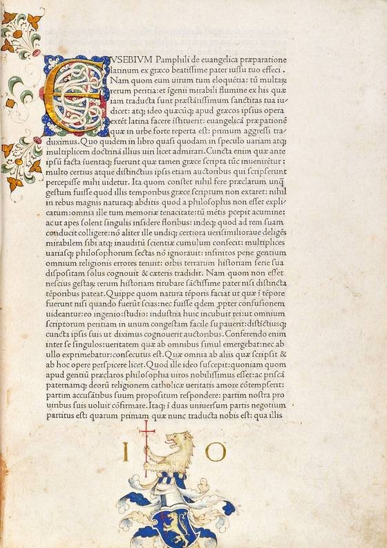 Page of a 1470 printed book in roman type with a decorated initial E and painted border
